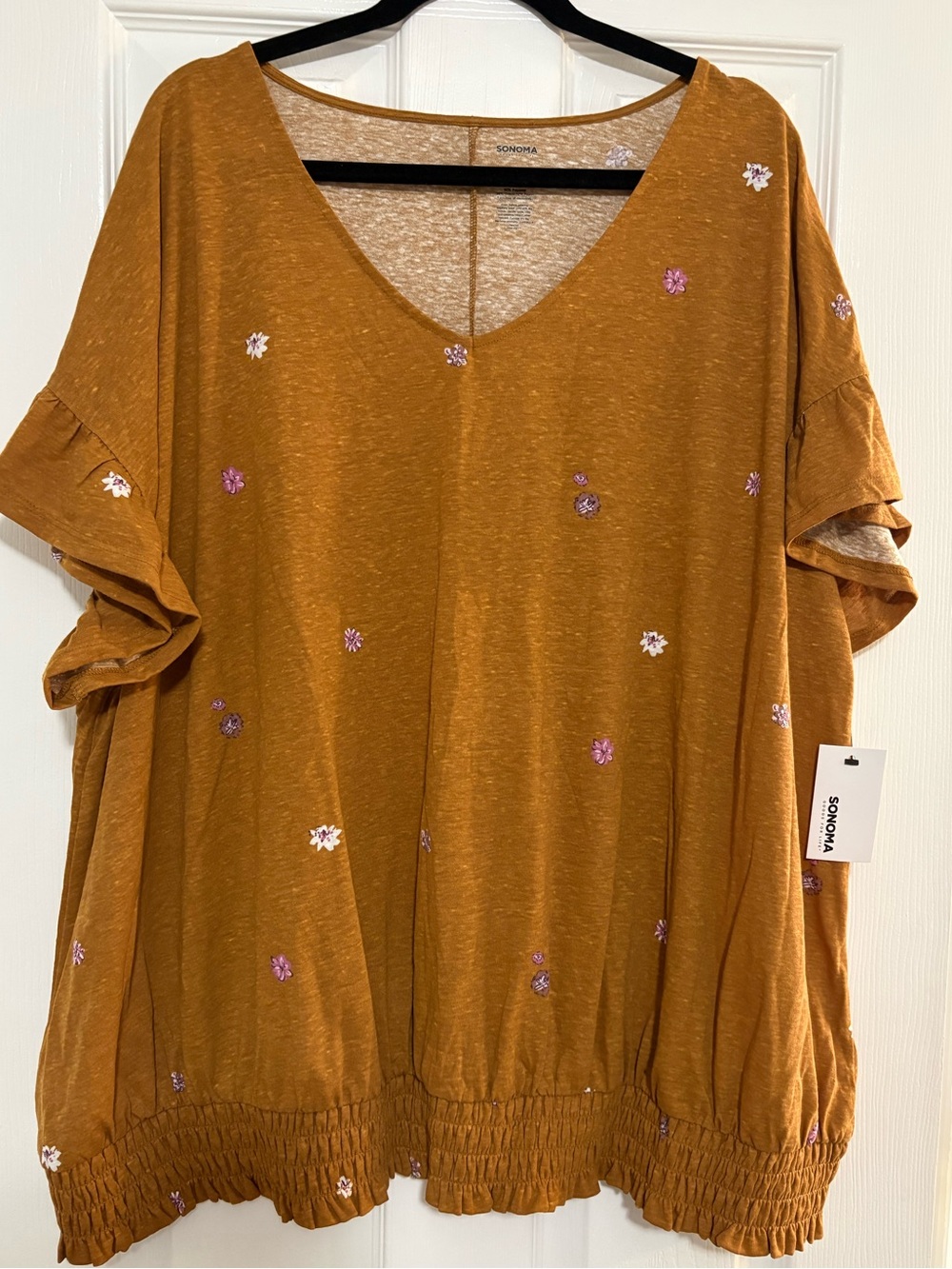 Sonoma Mustard V-Neck Tunic with Pink & White Floral Embroidery